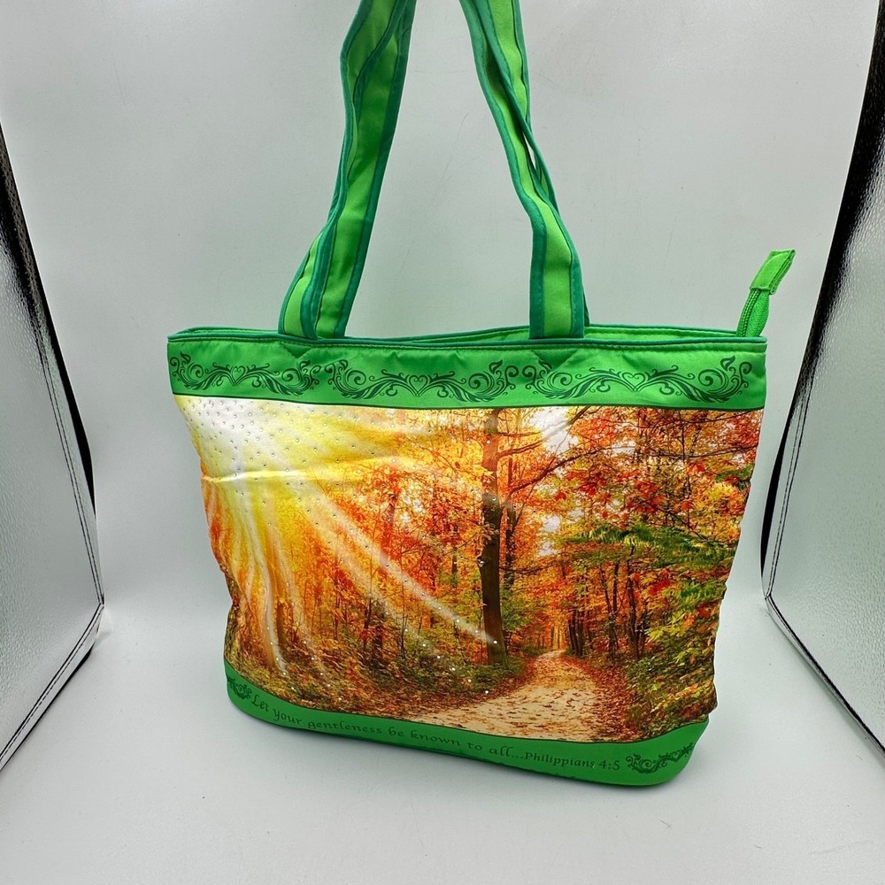 Willabee & Ward Autumn Forest Philippians 4:5 Quilted Tote Bag Green Rhinestone